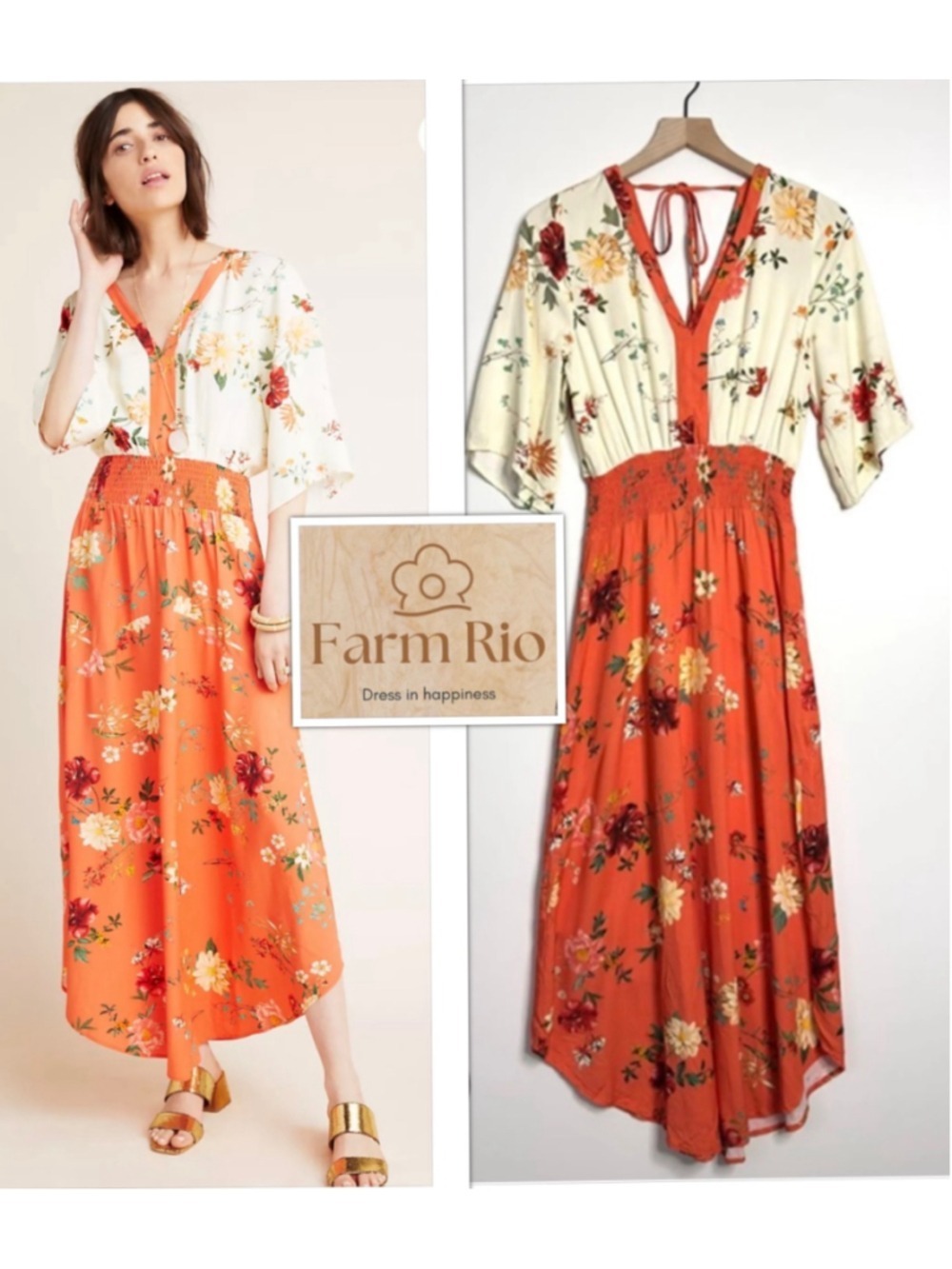 Farm Rio Garden Goddess Designer Floral Boho Maxi Dress Orange & Cream size XS